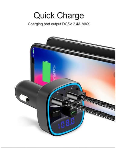 Bluetooth FM-sender til bil med QC3.0 oplader og LED