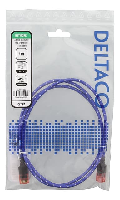 DELTACO Tough Slim CAT.6A U/UTP Patch Cable, 28AWG, 3.8mm, 1m, Blue