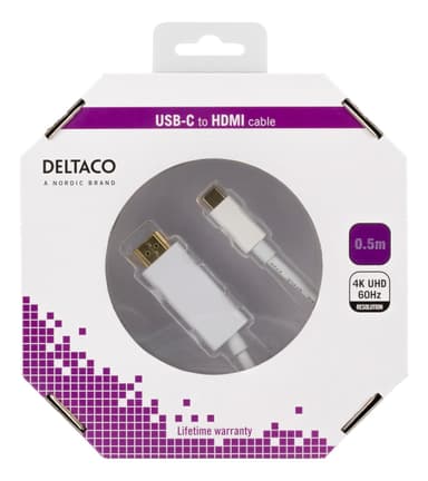 DELTACO USB-C to HDMI cable, 0,5m, 4K, HDCP 2.2, 3D, white