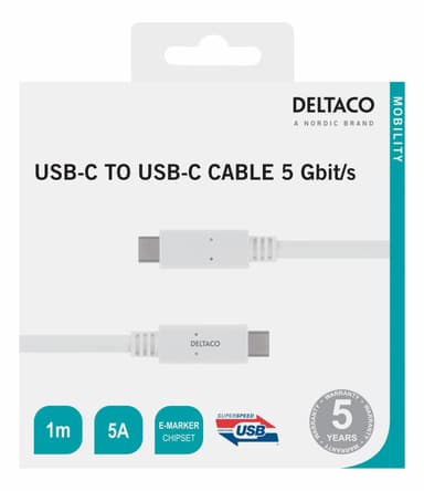 deltaco USB-C - USB-C cable, 5Gbit/s, 5A, 1M, white