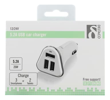 DELTACO car charger, 5,2A, 3xUSB Type A, 12-24V DC input, white/silver