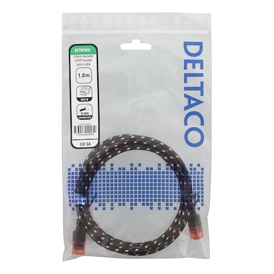 DELTACO Tough Slim CAT.6A U/UTP Patch Cable, 28AWG, 3.8mm, 1.5m, Black