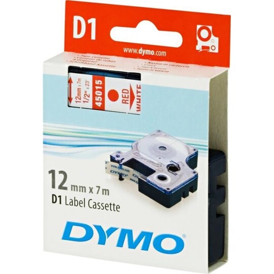 DYMO D1, markeringstape, 12mm, rød tekst på hvid tape, 7m - 45015