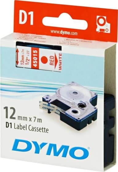 DYMO D1, markeringstape, 12mm, rød tekst på hvid tape, 7m - 45015