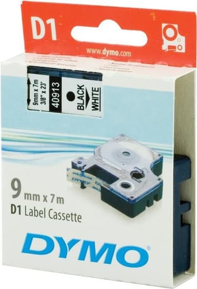 DYMO D1, markeringstape, 9 mm, sort tekst på hvid tape, 7 m