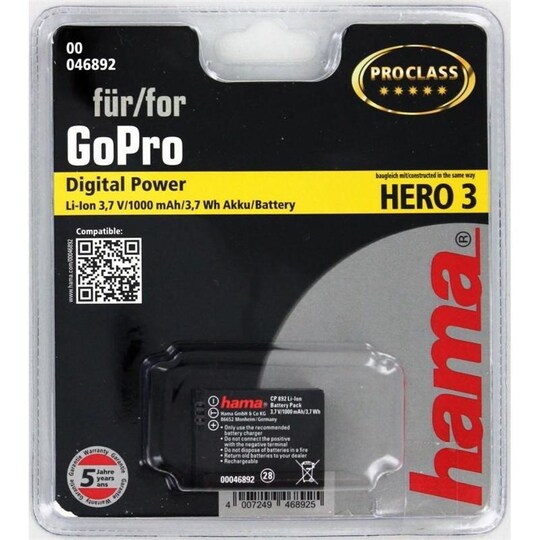 HAMA GoPro Batteri CP 892 Hero 3 3,7/1000mAh