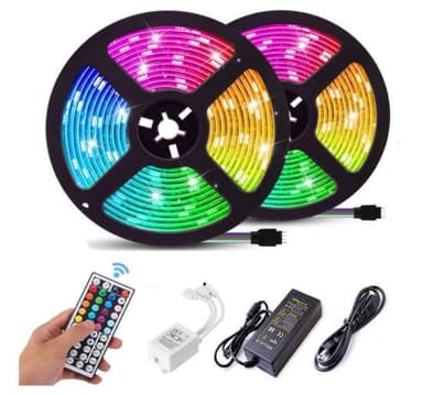 Farveskiftende LED lyssløjfe / lysbånd RGB med fjernbetjening (2 x 5 m)