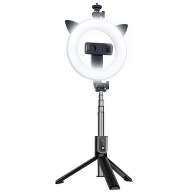 Selfie stick stativ med Bluetooth fjernbetjening og selfie lys Sort