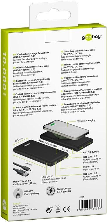 Goobay Trådløs hurtig opladning Powerbank 10.000 mAh (USB-C™ PD, QC 3.0)
