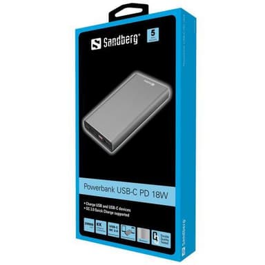 20.000 mAh PD 18W PowerBank USB-C, sort