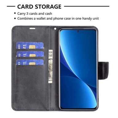 SKALO Xiaomi 12 Pro Flip Cover m. pung i PU-læder - Sort
