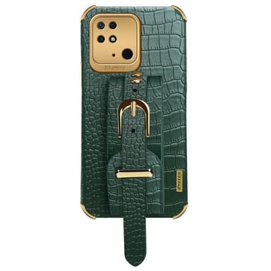 SKALO Xiaomi Redmi 10C Crocodile Guldkant Cover med håndrem - Grøn