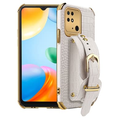 SKALO Xiaomi Redmi 10C Crocodile Guldkant Cover med håndrem - Hvid
