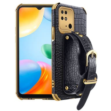 SKALO Xiaomi Redmi 10C Crocodile Guldkant Cover med håndrem - Sort