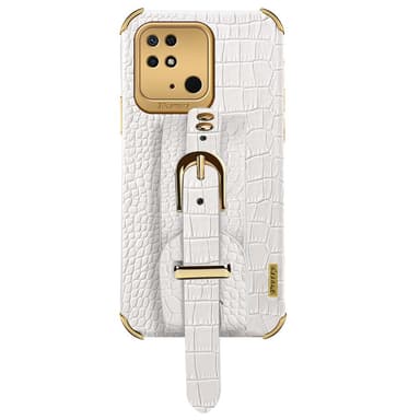 SKALO Xiaomi Redmi 10C Crocodile Guldkant Cover med håndrem - Hvid