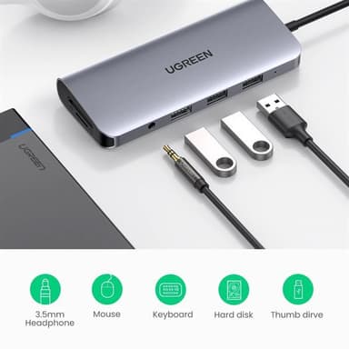 USB Type-C Hub med 100W, Kortlæser, VGA, Ethernet og HDMI-port