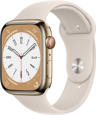 Apple Watch Series 8 45mm Cellular (gold stainless steel/starlight sportsbånd)