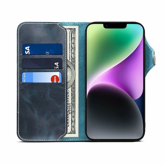 Wallet 3-kort ægte læder Apple iPhone 14 - Blå