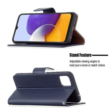SKALO Samsung A22 5G Premium Litchi Flip Cover - Blå