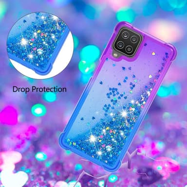SKALO Samsung A12 Kvicksand Glitter Hjerter TPU Cover - Lilla-Blå
