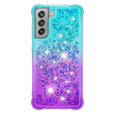SKALO Samsung S21 FE Kvicksand Glitter Hjerter TPU Cover - Turkis-Lilla