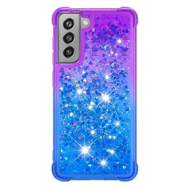 SKALO Samsung S21 FE Kvicksand Glitter Hjerter TPU Cover - Lilla-Blå