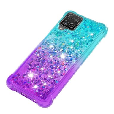 SKALO Samsung A12 Kvicksand Glitter Hjerter TPU Cover - Turkis-Lilla