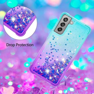 SKALO Samsung S21 FE Kvicksand Glitter Hjerter TPU Cover - Turkis-Lilla