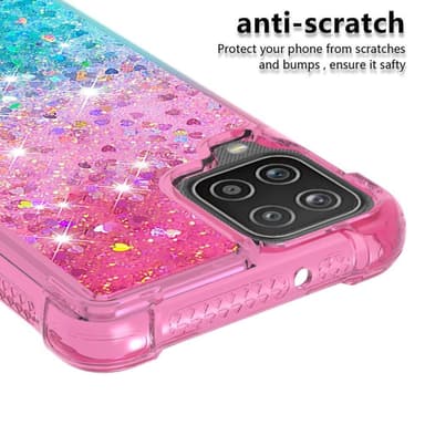 SKALO Samsung A12 Kvicksand Glitter Hjerter TPU Cover - Pink-Turkis