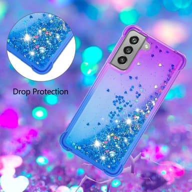 SKALO Samsung S21 FE Kvicksand Glitter Hjerter TPU Cover - Lilla-Blå