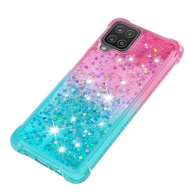 SKALO Samsung A12 Kvicksand Glitter Hjerter TPU Cover - Pink-Turkis