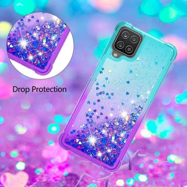 SKALO Samsung A12 Kvicksand Glitter Hjerter TPU Cover - Turkis-Lilla
