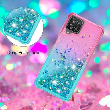 SKALO Samsung A12 Kvicksand Glitter Hjerter TPU Cover - Pink-Turkis
