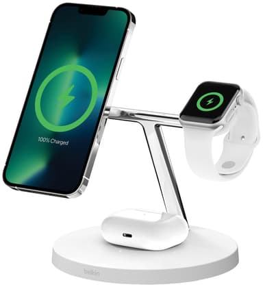 Belkin BoostCharge Pro 3-i-1 trådløs oplader med adapter (hvid)