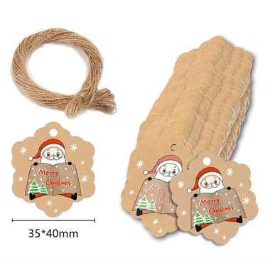 Glædelig jul gavemærker med reb 100-pak MultiColor 35x40 mm