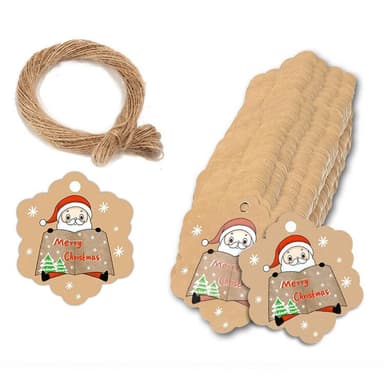 Glædelig jul gavemærker med reb 100-pak MultiColor 35x40 mm