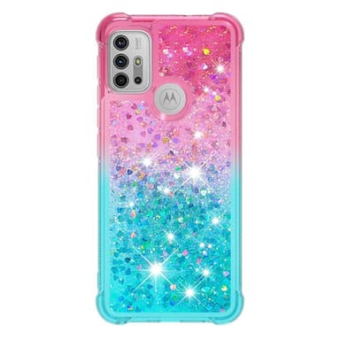 SKALO Moto G20/G30 Kvicksand Glitter Hjerter TPU Cover - Pink-Turkis