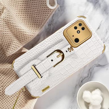 SKALO Xiaomi Redmi 10C Crocodile Guldkant Cover med håndrem - Hvid
