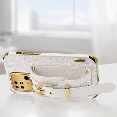 SKALO Xiaomi Redmi 10C Crocodile Guldkant Cover med håndrem - Hvid