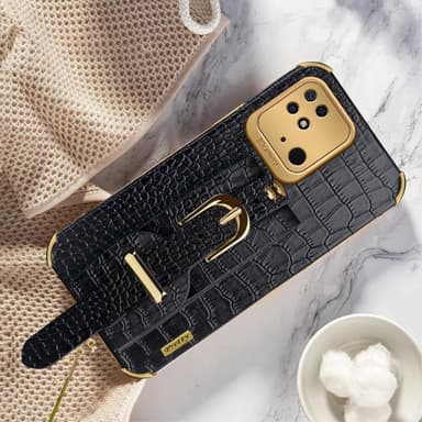 SKALO Xiaomi Redmi 10C Crocodile Guldkant Cover med håndrem - Sort