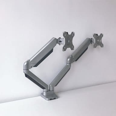 NÖRDIC Monitor desk mount til dual monitors med gaslift, vippe og roterende, aluminium og stål, sølv, monitorholder