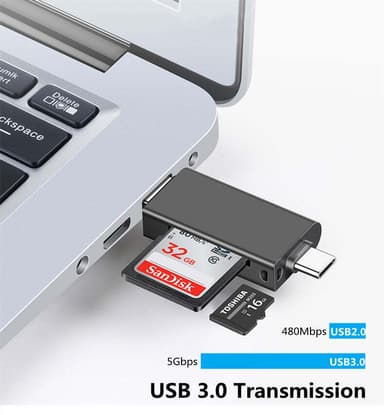 NÖRDIC OTG kortlæser 3 i 1 USB-C + Lightning + USB-A 3.0 understøttelse af SD / TF Micro SD Op til 2TB 5Gbps