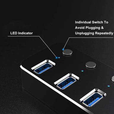 NÖRDIC 7-ports USB 3.0 HUB med individuel switch 5Gbps 25cm kabel aluminium sort