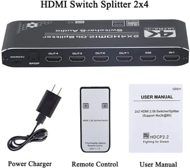NÖRDIC HDMI Splitter 2 til 4 med lydudtrækker 4K60Hz HDCP2.2 HDR 3D