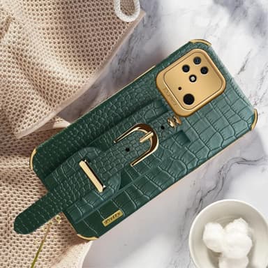 SKALO Xiaomi Redmi 10C Crocodile Guldkant Cover med håndrem - Grøn