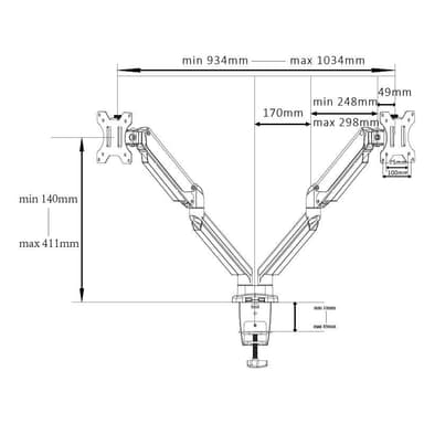 NÖRDIC Monitor desk mount til dual monitors med gaslift, vippe og roterende, aluminium og stål, sølv, monitorholder