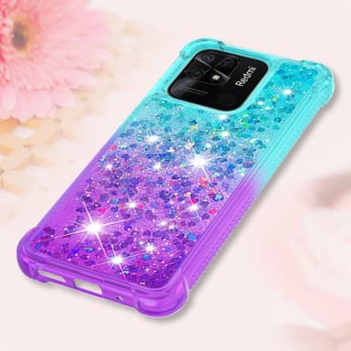 SKALO Xiaomi Redmi 10C Kvicksand Glitter Hjerter TPU Cover - Turkis-Lilla