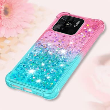 SKALO Xiaomi Redmi 10C Kvicksand Glitter Hjerter TPU Cover - Pink-Turkis