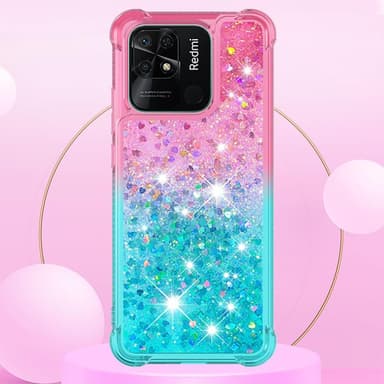 SKALO Xiaomi Redmi 10C Kvicksand Glitter Hjerter TPU Cover - Pink-Turkis