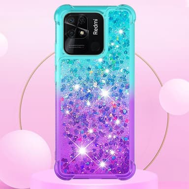 SKALO Xiaomi Redmi 10C Kvicksand Glitter Hjerter TPU Cover - Turkis-Lilla